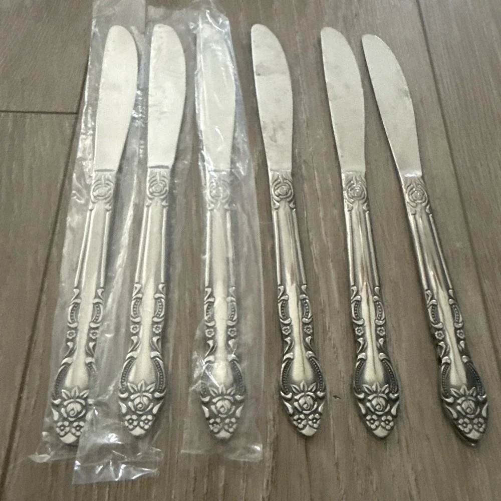 6 Dinner Knives Knife Lisette Stanley Roberts Rogers Stainless Japan Rose Flower